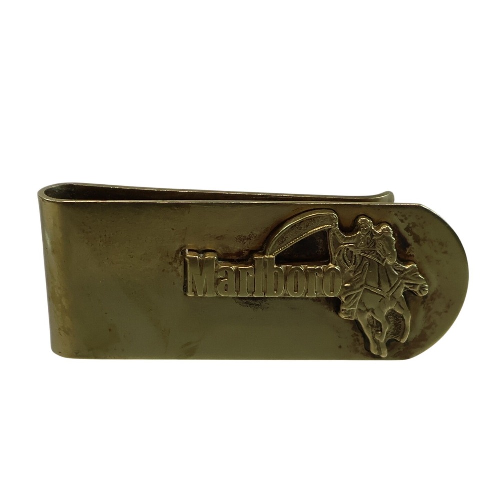 Marlboro Mens Money Clip Gold Brass Cowboy Horse Western Vintage Advertising